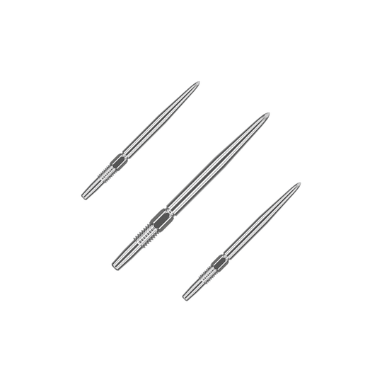 Końcówki do lotek Target Swiss Point Silver Das Bild zeigt drei silberne Dartspitzen, die nebeneinander liegen. Sie sind lang und schmal mit gerillten Griffbereichen.