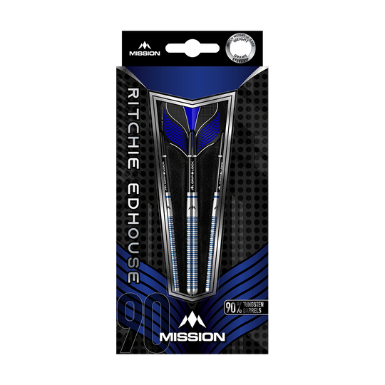 Auf dem Bild ist eine Verpackung mit drei Steeldarts der Marke Mission zu sehen. Die Darts tragen den Namen "Ritchie Edhouse" und haben blaue Verzierungen.