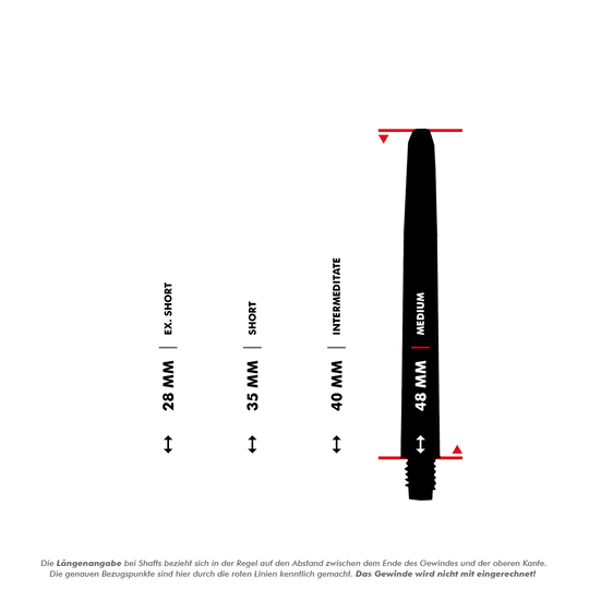 565_Nylon_Shafts_5_48mm Auf dem Bild sind schwarze Nylon Shafts in drei verschiedenen Längen abgebildet. Die Längenangabe bezieht sich auf den Abstand zwischen dem Ende des Gewindes und der oberen Kante, das Gewinde wird dabei nicht mit einberechnet.