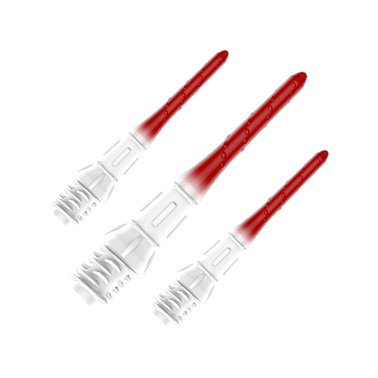 Końcówki do brwi L-Style Premium Lippoint Gradiation Dart Tips (opakowanie 30 sztuk) Das Bild zeigt drei hochwertige Dartspitzen mit einem Farbverlauf von Weiß zu Rot. Die Spitzen sind ordentlich nebeneinander angeordnet und haben eine glänzende Oberfläche.