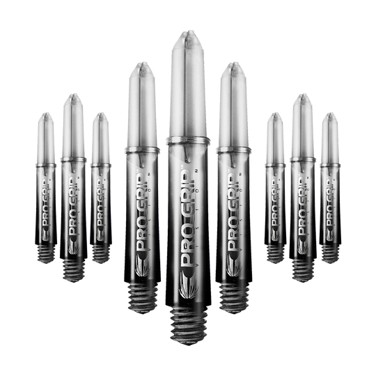 Target Pro Grip Vision Shafts - 3 zestawy - czarne Auf dem Bild sind mehrere schwarze Dartschäfte der Marke "Pro Grip Vision" zu sehen. Sie sind in einer Reihe angeordnet und haben eine glänzende Oberfläche.