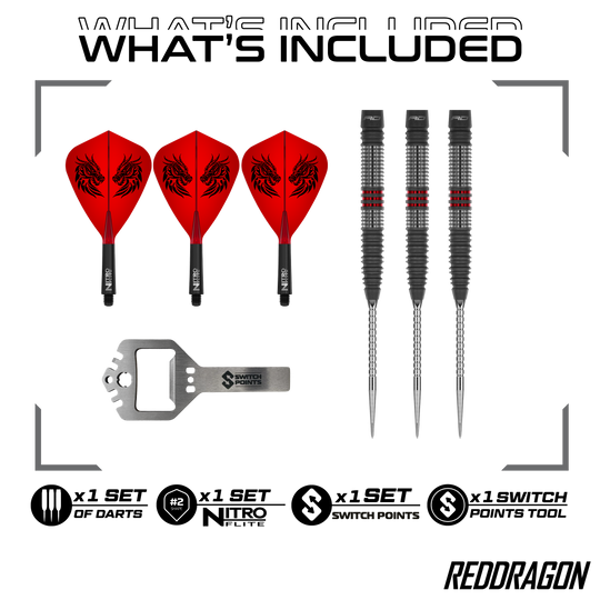 Zu sehen sind die Red Dragon Jonny Clayton Hireath Switch Point Steeldarts. Diese Pfeile sind für ihre hochwertige Verarbeitung bekannt.