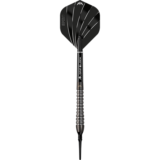 Das Bild zeigt einen Mission Spiro Model 2 Softdart mit einem Gewicht von 19 Gramm. Der Dart hat ein modernes, schwarz-silbernes Design mit Rillen am Griff und einer schwarzen Flight.