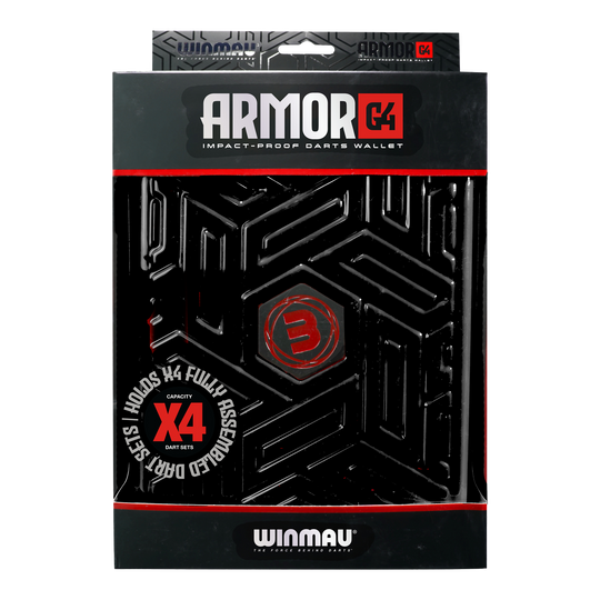 Auf dem Bild ist ein Winmau Armor G4 Dartwallet in Schwarz zu sehen. Die Verpackung zeigt, dass das Etui stoßfest ist und Platz für vier komplett montierte Dart-Sets bietet.