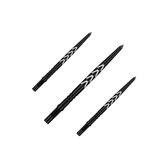 Końcówki do rzutek Shot Turbo Points Michael Smith - czarne Das Bild zeigt ein Set mit mehreren schwarzen Dartspitzen. Diese Spitzen sind für Steeldarts geeignet.
