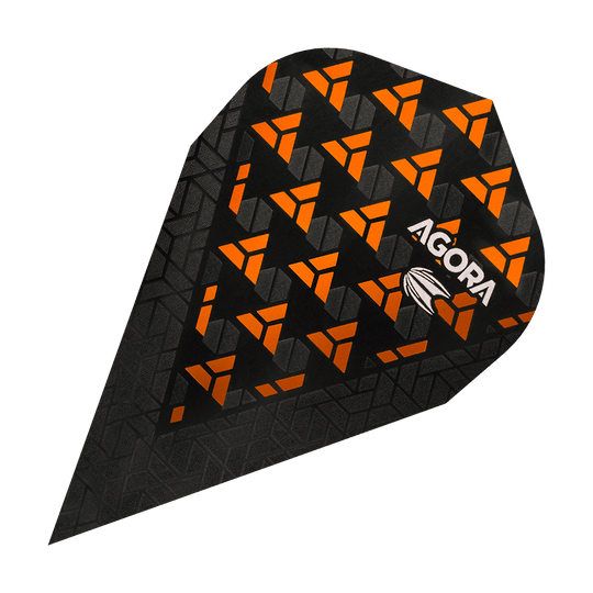 Das Bild zeigt einen Target Agora Ghost Orange Vapor Flight für Darts. Das Flight ist schwarz mit auffälligen orangefarbenen Mustern und dem Aufdruck „AGORA“.