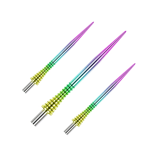 Groty do rzutek Red Dragon Raptor Gripped Rainbow ze stali 30 mm Das Bild zeigt drei bunte Steeldartspitzen mit einem Regenbogen-Farbverlauf. Die Spitzen haben einen strukturierten, gelb-grünen Griffbereich und gehören zum Produkt "Red Dragon Raptor Gripped Rainbow Steeldartspitzen 38mm".