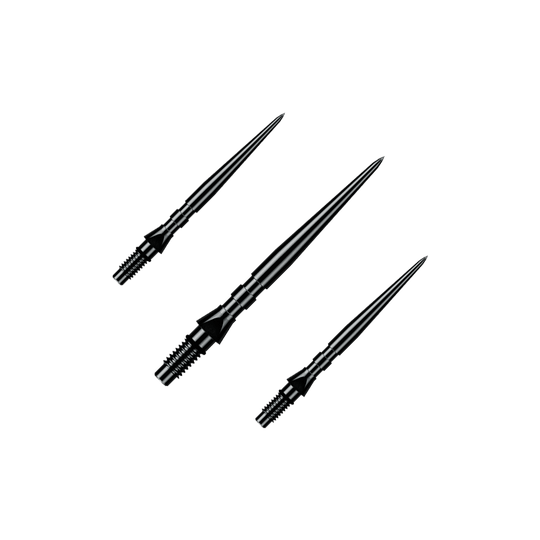 Auf dem Bild ist ein Set aus schwarzen Winmau Switch Point Groove Steeldartspitzen mit 26 mm Länge zu sehen. Diese Ersatzspitzen sind speziell für Steeldarts gedacht.