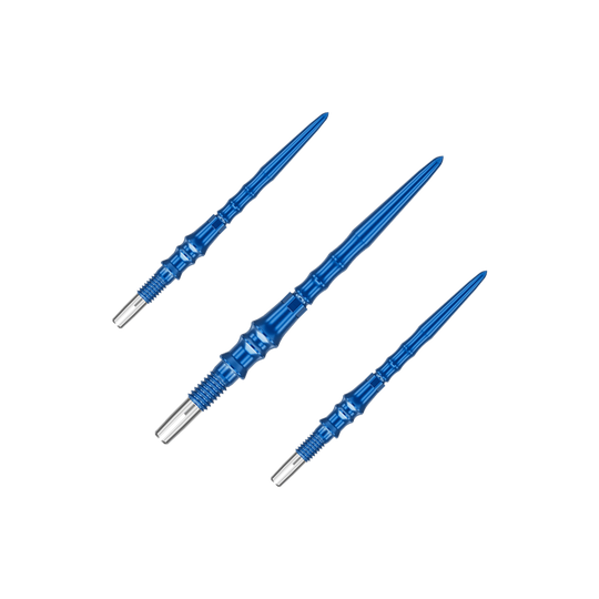 Końcówki do lotek Target Japan Premium Swiss Point – niebieskie Auf dem Bild ist ein Set von blauen Dartspitzen zu sehen. Die Spitzen sind jeweils 30 mm lang.