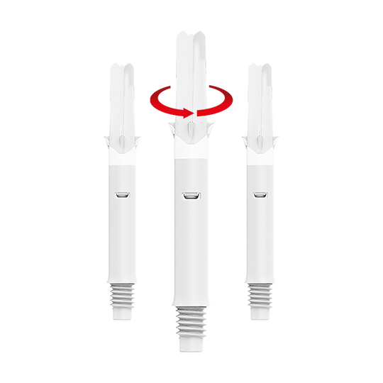 Das Bild zeigt drei weiße Dartschäfte ohne Kappen in unterschiedlicher Länge. Über dem mittleren Schaft ist ein roter Pfeil, der auf eine Drehbewegung hinweist.