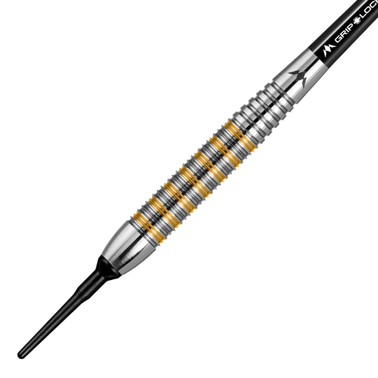Der Mission Ardent Model 2 Softdart wiegt 18 Gramm. Er hat ein silbernes Barrel mit goldfarbenen Rillen und einer schwarzen Spitze.