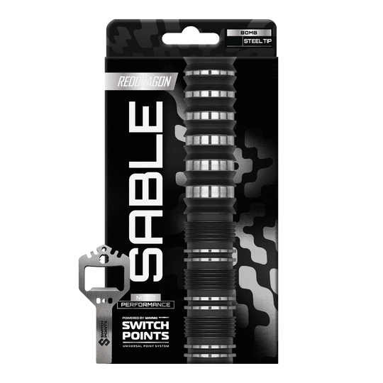 Zu sehen ist das Produkt Red Dragon Sable Bomb Switch Point Steeldarts. Diese Steeldarts eignen sich besonders für ambitionierte Dartspieler.