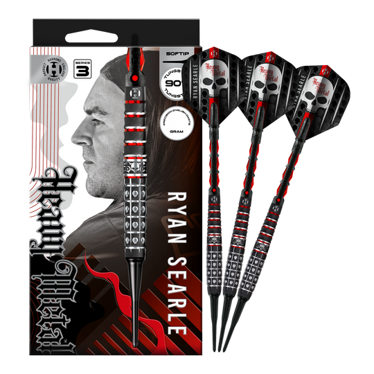 Das Foto zeigt Harrows Ryan Searle Series 3 Softdarts in voller Ansicht. Der Artikel ist für Softdart-Spiele gedacht.