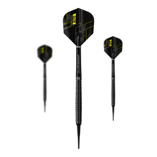 Miękkie lotki Harrows NX90 Black Edition Das Bild zeigt drei schwarze Softdarts der Marke Harrows NX90 Black-Edition. Die Flights haben ein modernes, schwarzes Design mit gelben Akzenten.