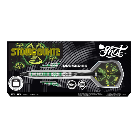 Shot Pro-Series Stowe Buntz 2 miękkie lotki - 21g Das Bild zeigt die Verpackung der "Shot Pro-Series Stowe Buntz 2 Softdarts - 21g". Auf der Verpackung sind die Dartpfeile mit grünem und schwarzem Design sowie das Shot-Logo abgebildet.