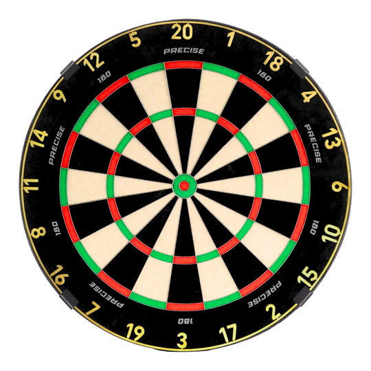 Auf dem Bild ist das Precise 180 Endorphine Steeldartboard mit Nummernring in Gold dargestellt. Die Scheibe bietet einen edlen Look mit goldenem Zahlenring.
