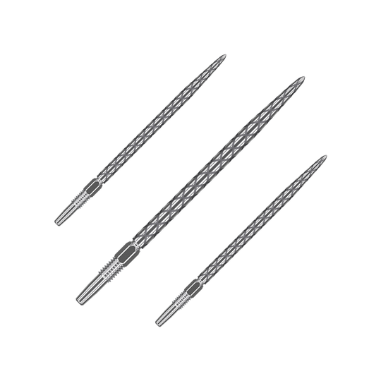 Końcówki do lotek Target Swiss Diamond Pro Silver Points Auf dem Bild sind drei silberne Dartspitzen mit einem rautenförmigen Muster zu sehen. Sie sind nebeneinander angeordnet und haben eine Länge von 40 mm.