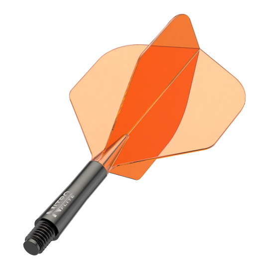 Red Dragon Nitroflite Czarny trzonek Pomarańczowe lotki nr 2 Auf dem Bild ist ein schwarzer Dartschaft mit orangefarbenen Flights zu sehen. Es handelt sich um ein Zubehör für Dartpfeile.