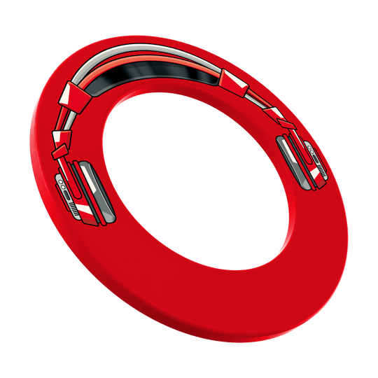 Das Bild illustriert ein Produkt namens MSF-J1_McDart_Stereo_Dartboard_Surround_Rot_1. Es steht im Mittelpunkt des Bildes vor neutralem Hintergrund.