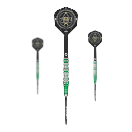 Zu sehen ist ein Set Shot Alchemy Mythril TurboPoints Steeldarts. Die Darts sind zusammen abgebildet.
