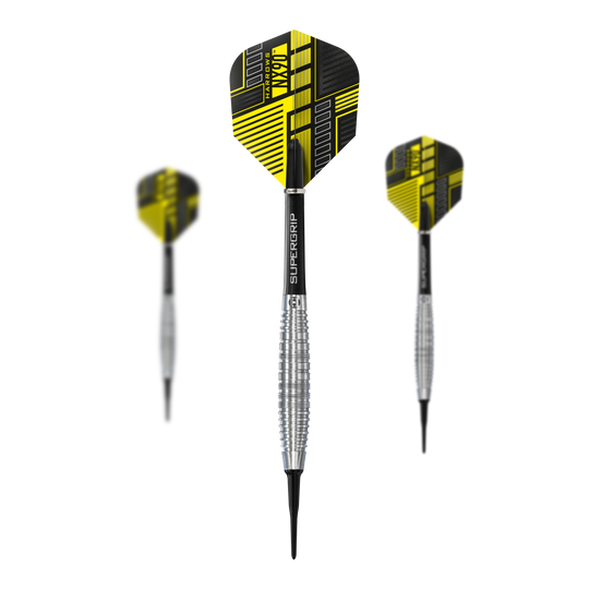 Harrows NX90 Bomb Soft Darts Das Bild zeigt drei Harrows NX90 Bomb Softdarts mit schwarz-gelben Flights. Die Darts haben silberne, geriffelte Griffe und Spitzen aus Kunststoff.
