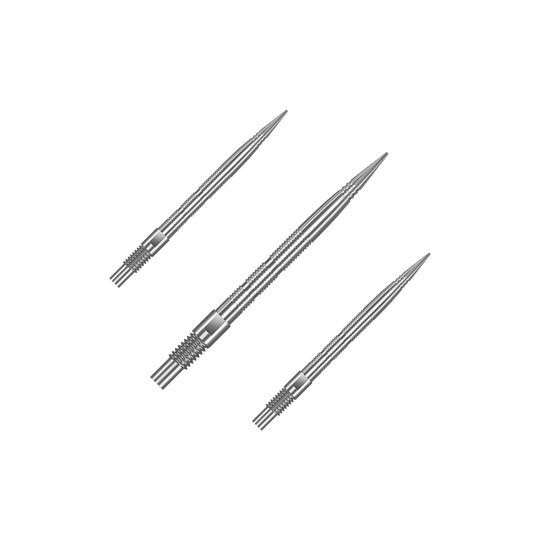 Końcówki do lotek Harrows Quick Point Micro Ridge – srebrne Eine Verpackung mit mehreren Harrows Quick Point MicroRidge Dartspitzen in Silber mit 26 mm Länge ist abgebildet. Die Dartspitzen sind zur besseren Ansicht gruppiert.