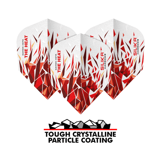 Harrows Silika Damon Heta 2 Solidna, wytrzymała powłoka krystaliczna nr 6 Das Bild zeigt die Harrows Silika Damon Heta 2 Dart-Flights mit auffälligem, rot-weißem Kristalldesign. Unten steht der Schriftzug "Tough Crystalline Particle Coating".