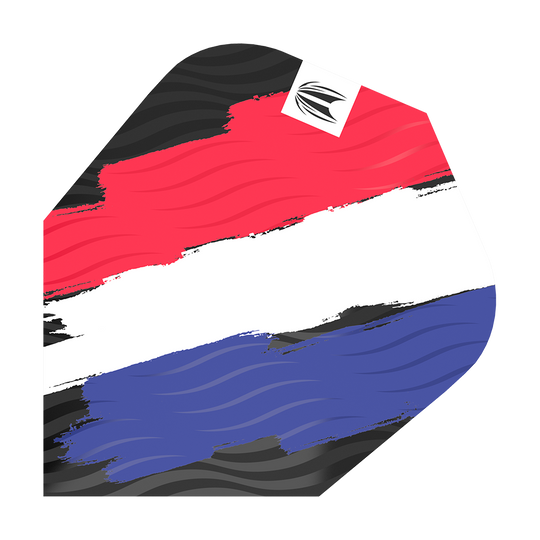Das Bild zeigt ein Dart-Flight mit den Farben der niederländischen Flagge in einem Pinselstrich-Design. Oben rechts befindet sich ein kleines weißes Quadrat mit einem schwarzen Logo.