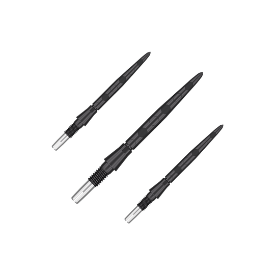 Auf dem Bild sind drei schwarze Dartspitzen mit silbernen Enden zu sehen. Sie sind in einem Set angeordnet und haben eine strukturierte Oberfläche.