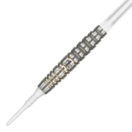 Das Bild zeigt einen Softdart der Produktreihe "Target Japan Prime Series Mayujo Morita GEN6" mit 18 Gramm Gewicht. Der Dart ist silbern mit goldenen Ringen und hat eine weiße Spitze.