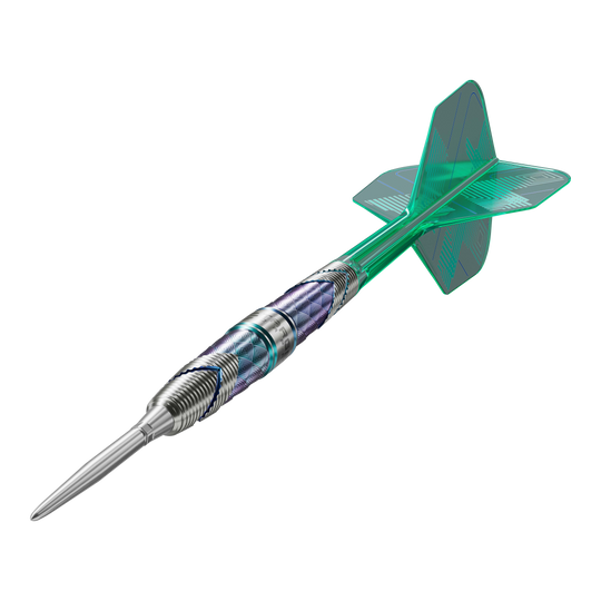 Auf dem Bild ist ein Steeldart der Marke "Target Japan Kaze Series Ceros 02" mit einem Gewicht von 23g zu sehen. Der Dart hat ein metallisches Barrel mit grünem Shaft und Flight.