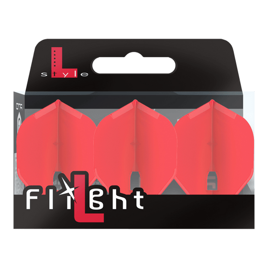 Auf dem Bild ist eine Verpackung mit drei roten Dartflights zu sehen. Die Marke „L-Style“ und der Schriftzug „Flight“ stehen auf der Vorderseite der Packung.