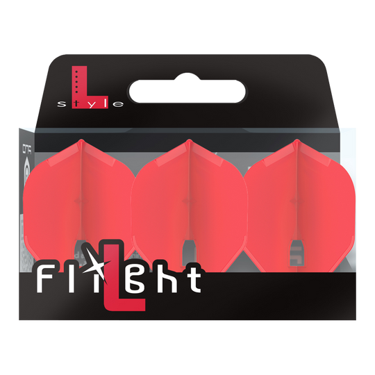 L-Style Flights Szampan - L1PRO Standard Auf dem Bild ist eine Verpackung mit drei roten Dartflights zu sehen. Die Marke „L-Style“ und der Schriftzug „Flight“ stehen auf der Vorderseite der Packung.