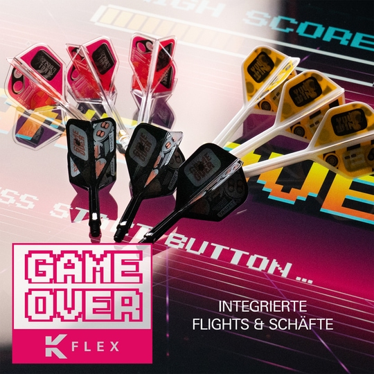 Auf dem Bild sind Target K-Flex Press Start No2 Standard Flights zu sehen. Diese Flights werden beim Dartsport verwendet.