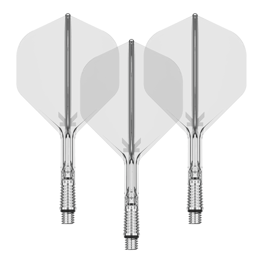 Abgebildet ist ein Set von Target KShift No2 Standard Flights in transparenter Ausführung mit 26mm. Das Zubehör eignet sich für den Dartsport.