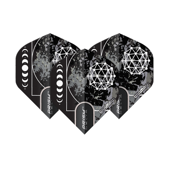 Winmau Prism Delta Callisto No2 Standard Flights Das Bild zeigt die Winmau Prism Delta Callisto No2 Standard Flights. Sie sind schwarz mit einem geometrischen weißen Muster und einer Mondphasen-Grafik gestaltet.