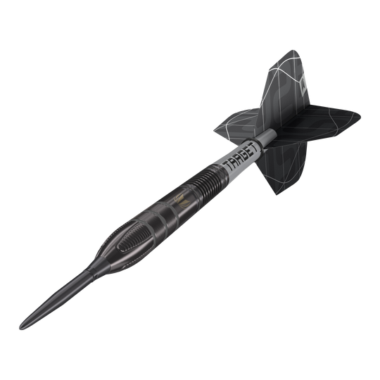 Stalowe lotki Target Nathan Aspinall X Echo Swiss Point Das Bild zeigt einen Target Nathan Aspinall X Echo Swiss Point Steeldart. Der Dartpfeil ist schwarz-silbern und hat ein modernes, auffälliges Design.