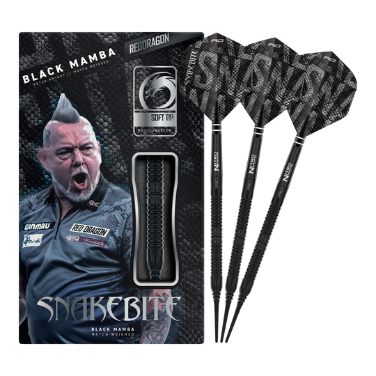 Red Dragon Peter Wright Snakebite Black Mamba Soft Darts - 20g Auf dem Bild ist der Red Dragon Peter Wright Snakebite Black Mamba Softdart mit 20g zu sehen. Er überzeugt durch seine professionelle Verarbeitung und sein elegantes Aussehen.
