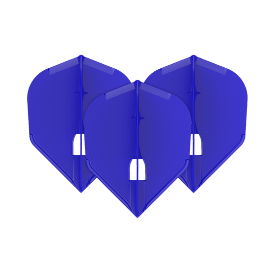 Auf dem Bild sind drei blaue Dart-Flights zu sehen. Sie sind nebeneinander angeordnet und haben eine standardisierte, breite Form.