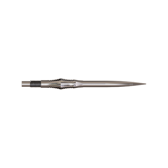 Spire Silver Elite Series Dartspitzen in 35mm werden gezeigt. Die Spitzen sind silberfarben und filigran.