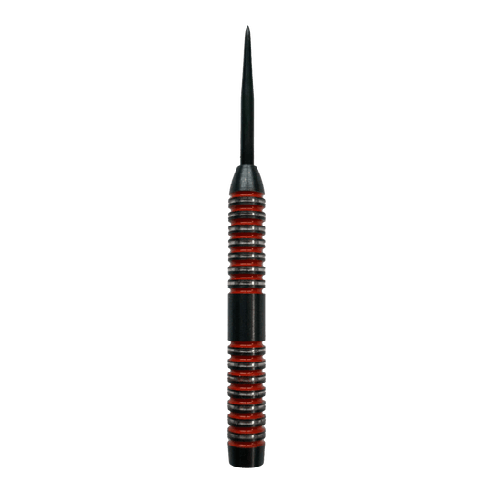 Lufy McDart Crimson Steeldart Das Bild zeigt einen McDart Crimson Steeldart Barrel mit schwarzem und rotem Design. Der Barrel hat eine gerillte Oberfläche für besseren Halt.
