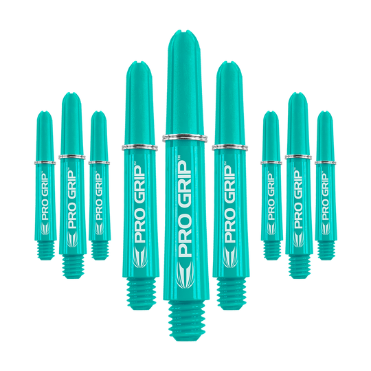 Uchwyty Target Pro Grip - 3 zestawy - Aqua Das Bild zeigt neun türkisfarbene Dartschäfte mit der Aufschrift "PRO GRIP". Die Schäfte sind in einer Gruppe angeordnet und haben silberne Ringe.
