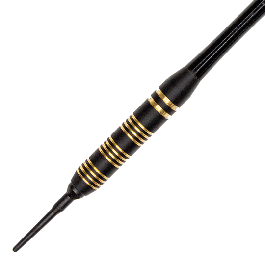 SO20-5_Royal_Softdarts_2 Das Bild zeigt einen Royal Softdart mit einem Gewicht von 17g. Der Dart ist schwarz mit goldenen Ringen verziert.
