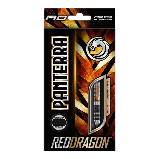 Stalowe lotki Red Dragon Panterra Die Abbildung zeigt die Verpackung der "Red Dragon Panterra Steeldarts". Das Design ist auffällig mit goldenen und schwarzen Farben gestaltet und hebt den Dart mit 90% Tungsten-Anteil hervor.