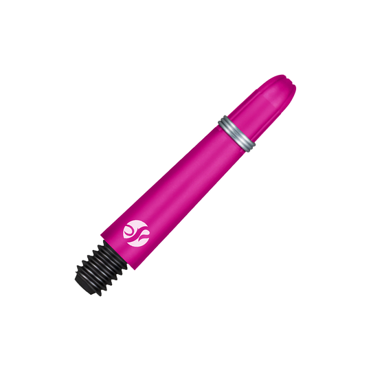 Das Bild zeigt einen pinkfarbenen Dartshaft mit Schraubgewinde. Der Schaft hat einen silbernen Ring und ein weißes Logo.