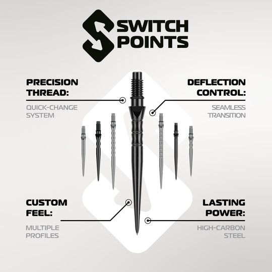 Abgebildet sind die Winmau Switch Point Smooth Steeldartspitzen - Silver Effect. Die Dartspitzen sind silberfarben und haben eine glatte Oberfläche.