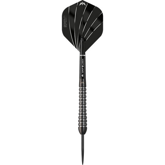 Dies ist ein Mission Spiro Model 2 Steeldart mit einem Gewicht von 22 Gramm. Der Dart hat ein modernes Design mit schwarzen und silbernen Akzenten.