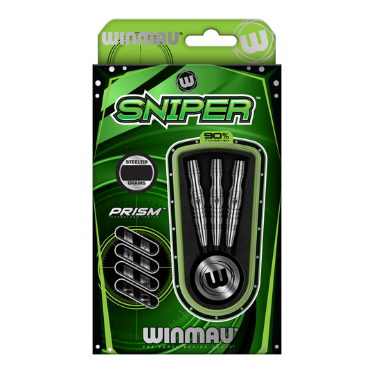 Die Verpackung zeigt die Winmau Sniper V3 Steeldarts mit einem auffälligen grünen Design. In der Packung sind drei Dartpfeile aus 90% Tungsten enthalten.