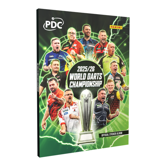 Das Produkt zeigt das Panini PDC World Darts Championship 2025/26 - Official Sticker Hardcover Sammelalbum. Es ist ein offizielles Sammelalbum für Dart-Sticker.