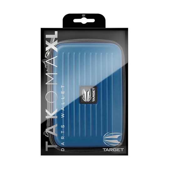 Das Bild zeigt das Produkt "Target Takoma XL Dartwallet" in einer Verpackung. Das Dartwallet ist blau und hat ein modernes Design mit Rillen auf der Oberfläche.